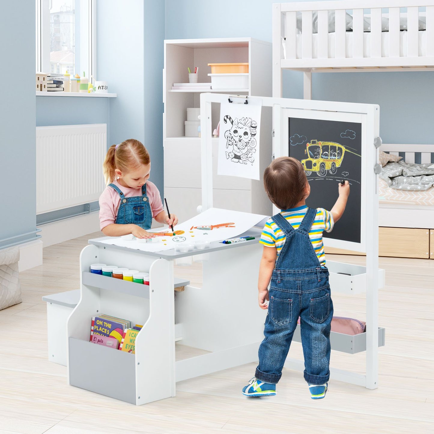 Delightful Children's Art Easel Table and Bench Set with Adjustable Easel and Integrated Bookshelf for Creative Play