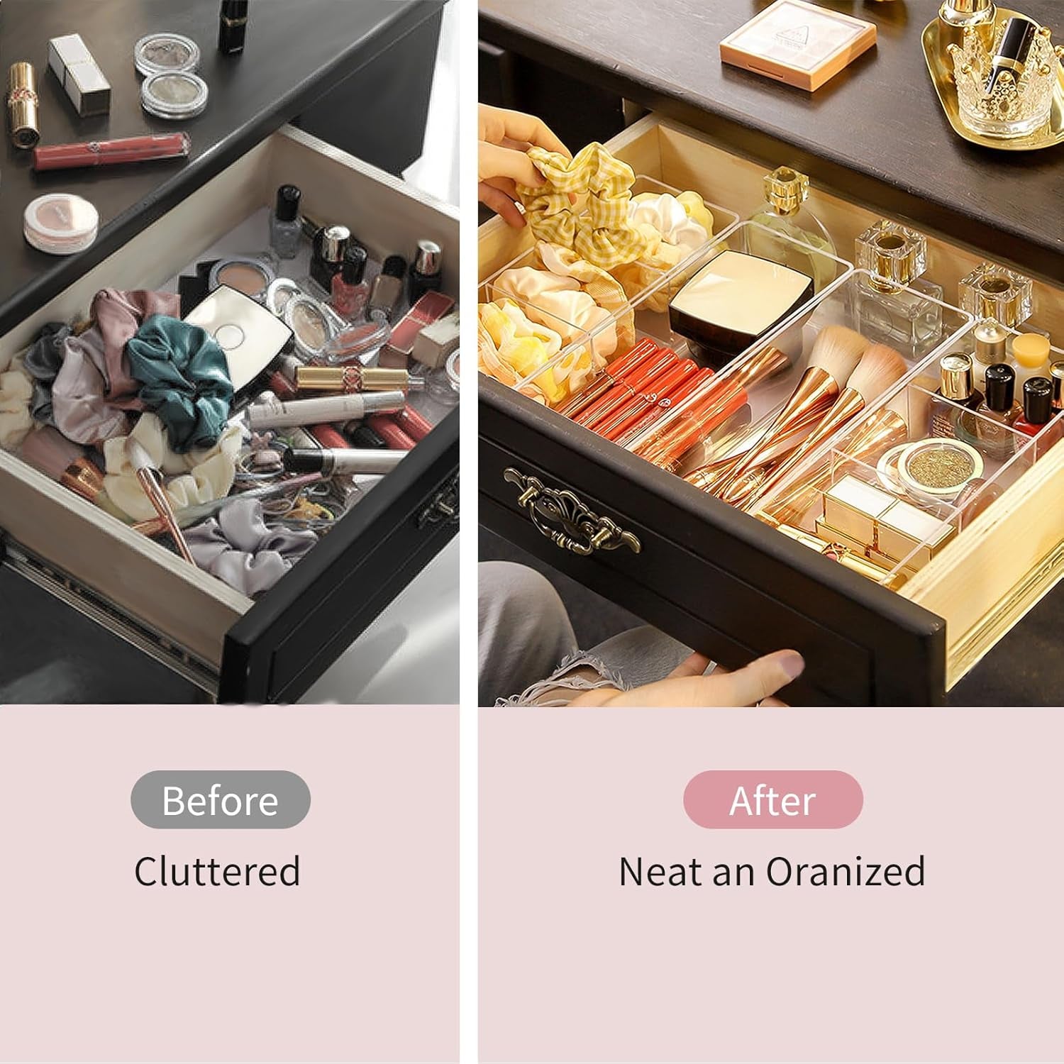 Set of 2 Acrylic Makeup Drawer Organizers with 3-Compartment and 1-Compartment Design, Stackable Clear Cosmetic Storage for Eyeshadow, Lipstick, and Other Makeup Essentials