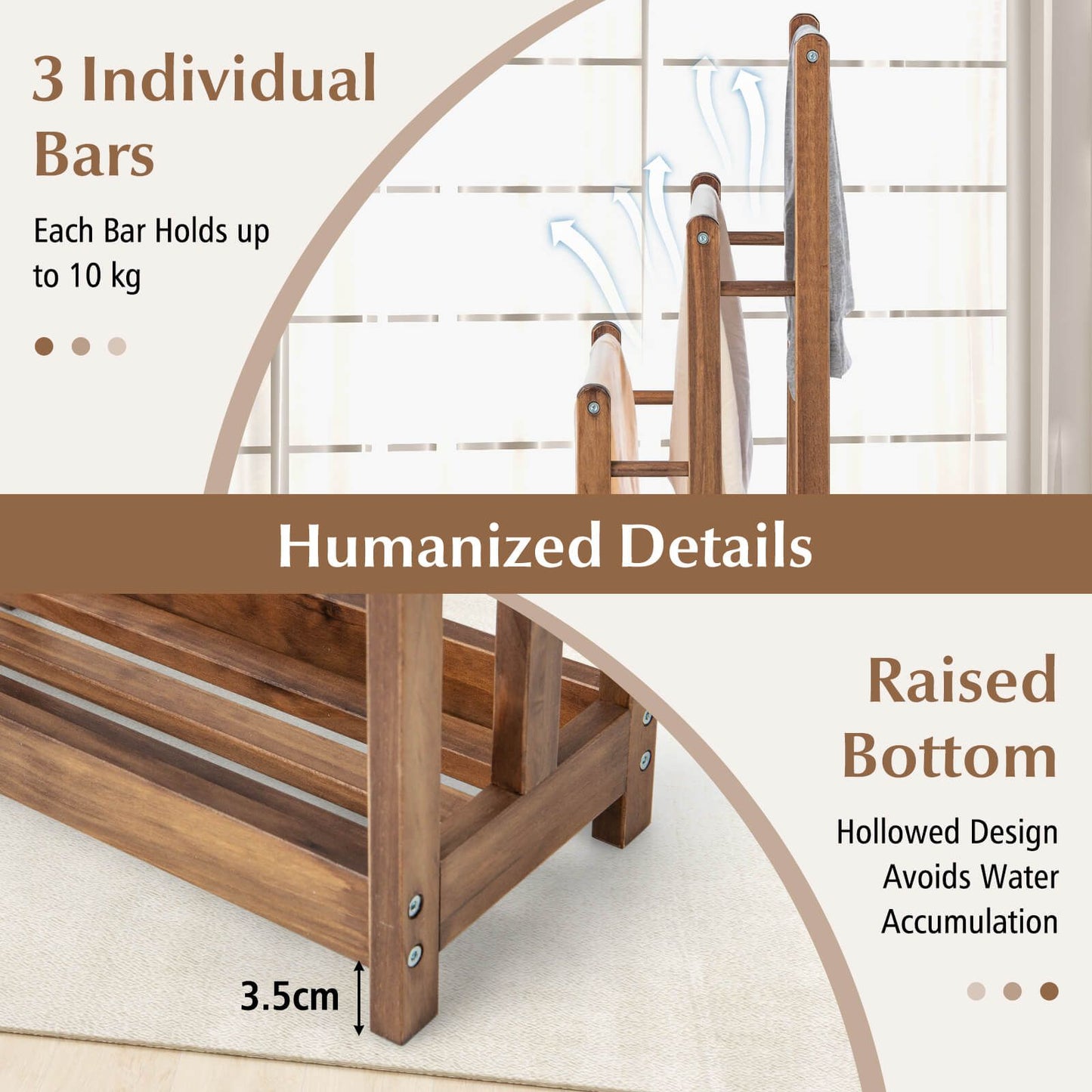 Freestanding Wood Towel Rack with 3 Individual Bars and Bottom Storage Shelf