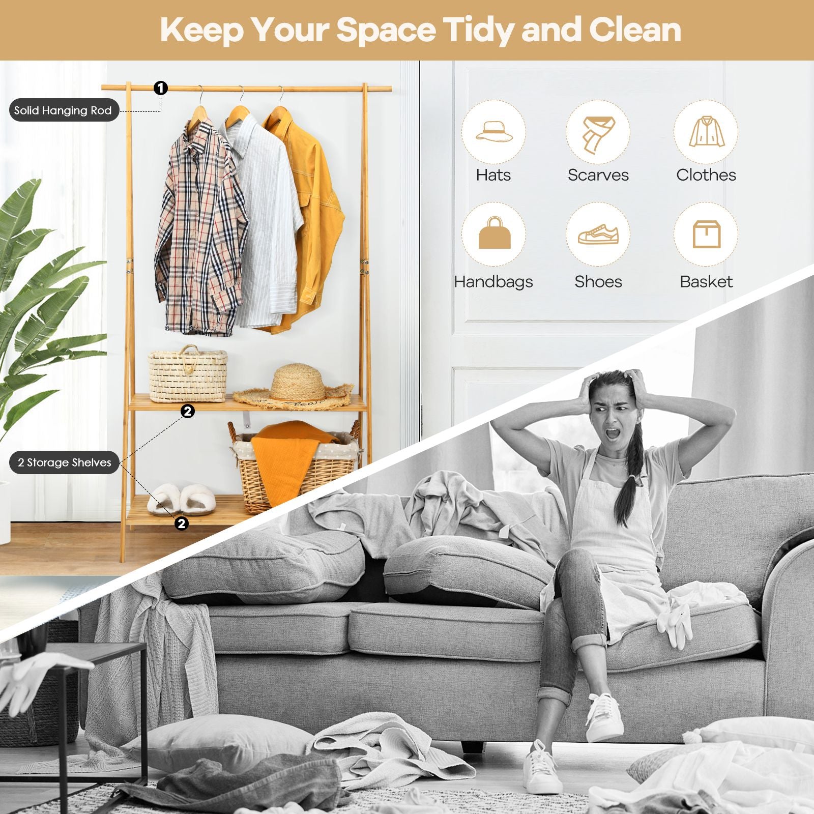 Bamboo Clothing Rack with Hanging Rod, Two Shelves, and Hooks