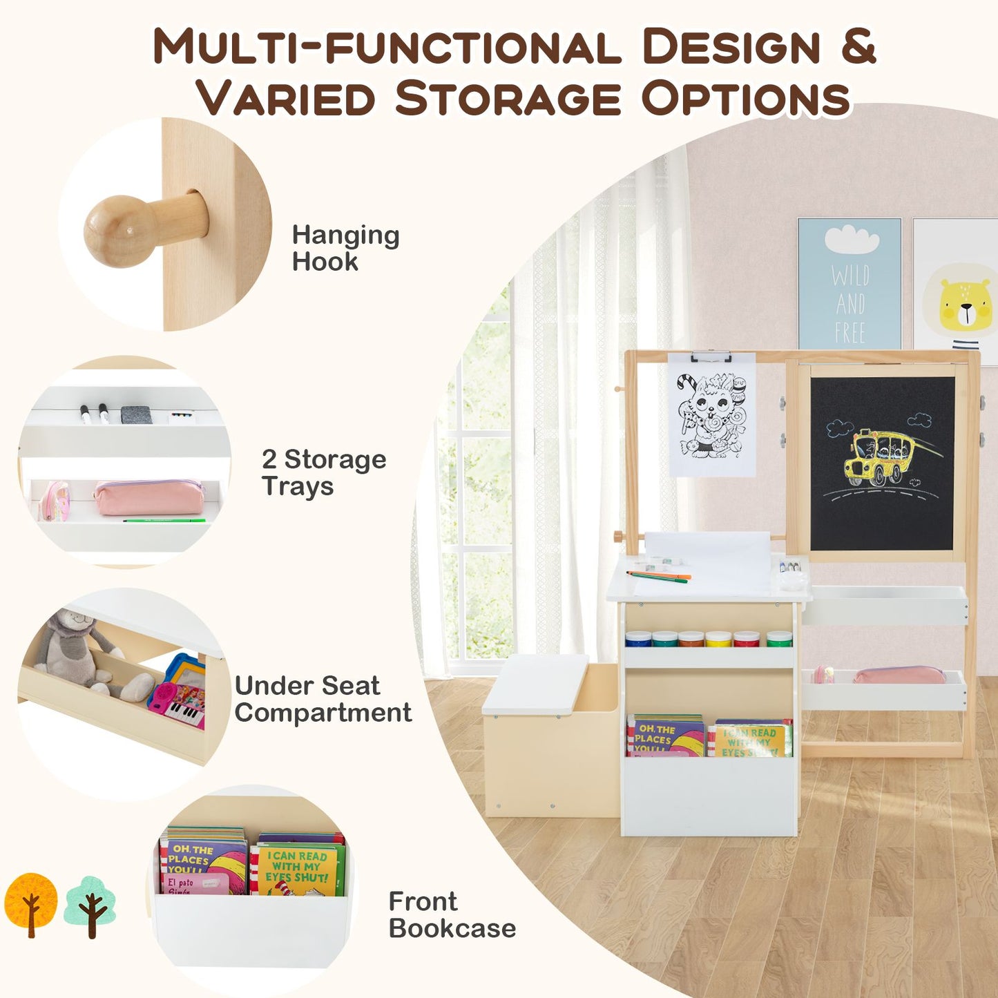 Delightful Children's Art Easel Table and Bench Set with Adjustable Easel and Integrated Bookshelf for Creative Play