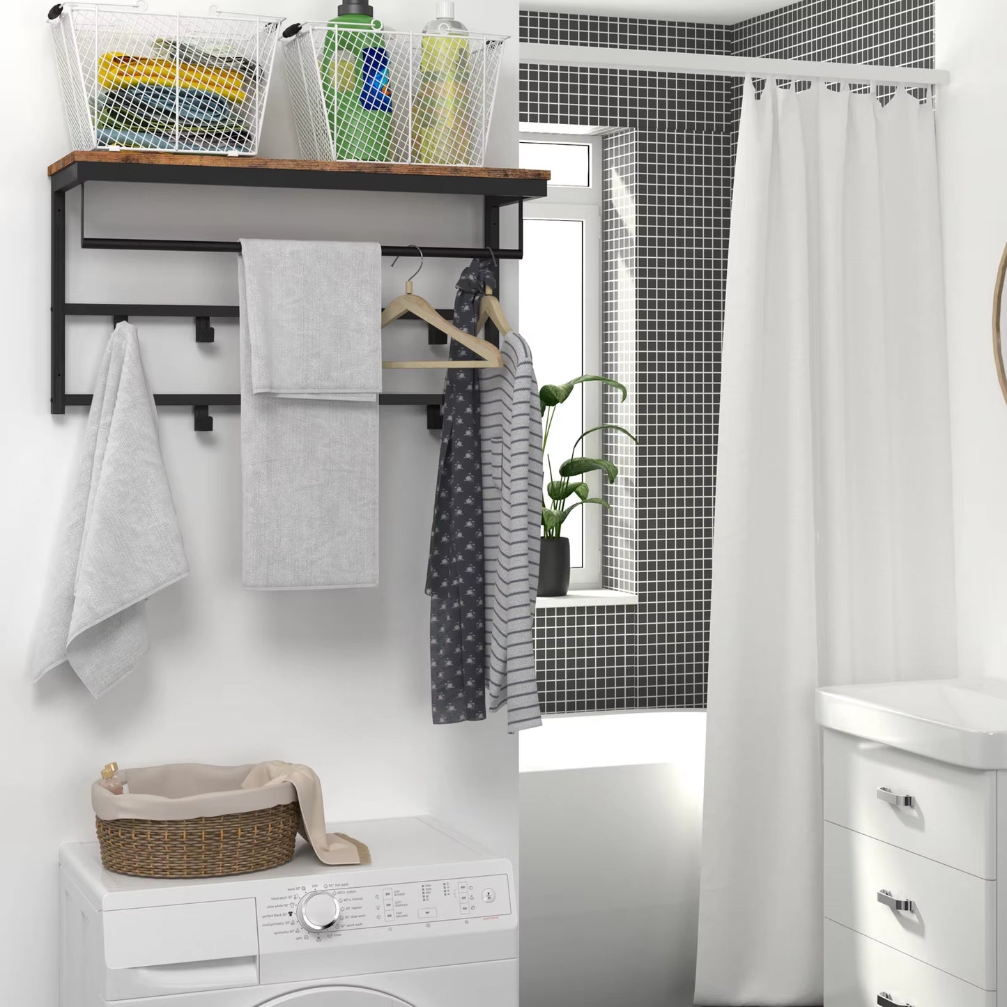 Coat Rack Wall-Mounted, Coat Hook with 10 Hooks and Shelf Hanging Rail, for Entryway, Bathroom, Living Room, Laundry Room