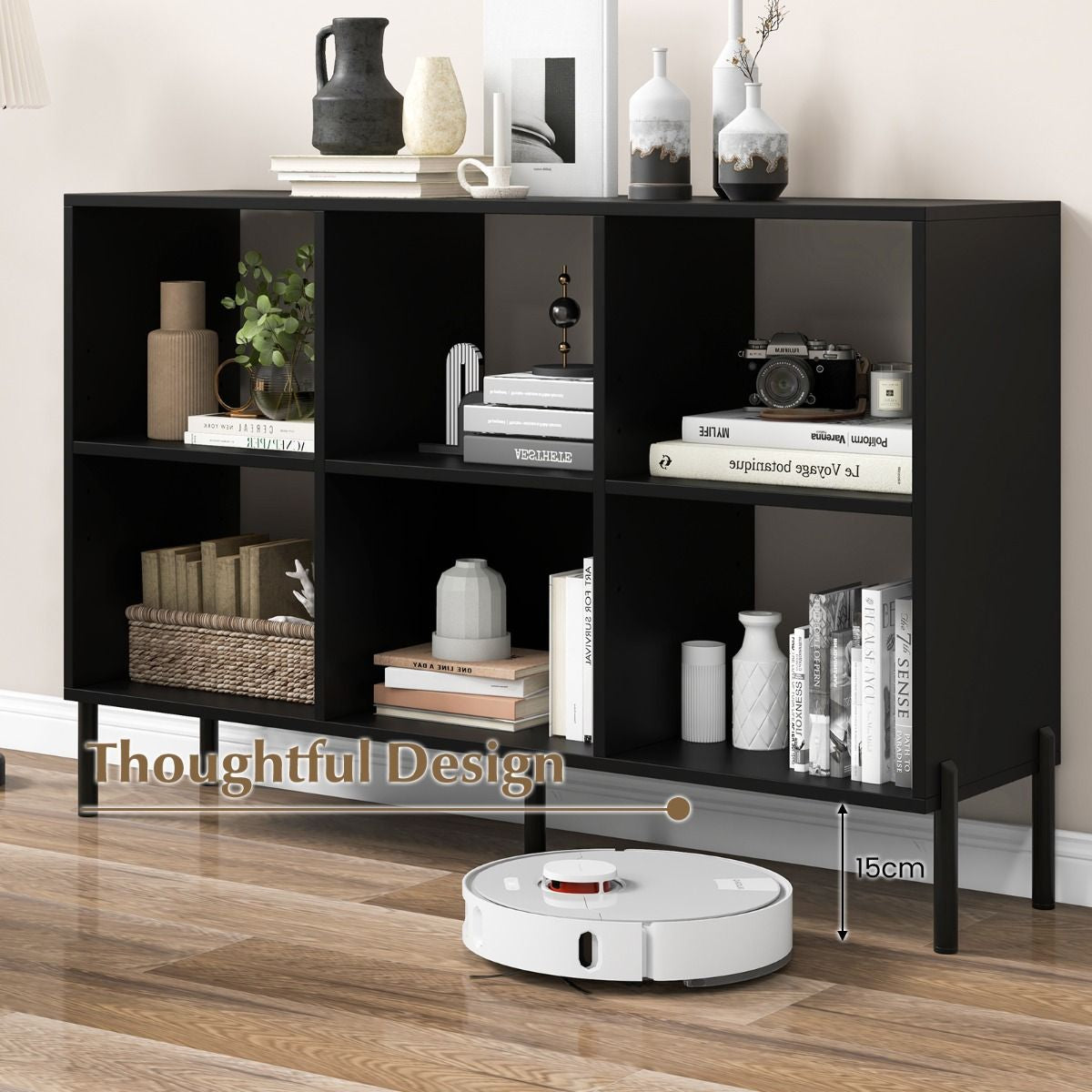 6-Cube Storage Bookcase Wooden Open Bookshelf with 5 Metal Legs