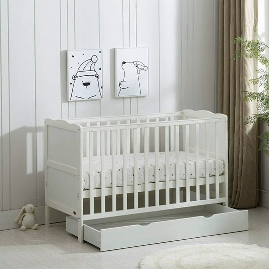 Wooden Baby Cot Bed & Drawer & Aloe Vera Mattress (Orlando Drawer)