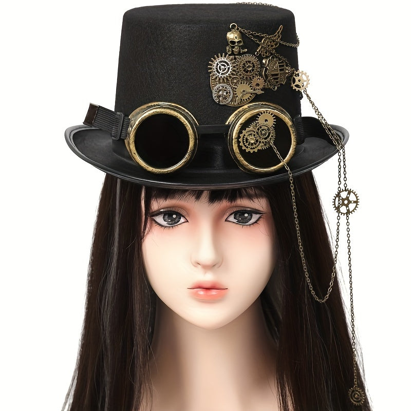 Heavy Metal Chain Teeth Skull Steampunk Hat with Detachable Goggles - Adjustable Unisex Gothic Victorian Accessory for Halloween, Cosplay & Role Play (22.83-23.23inch, Lightweight)