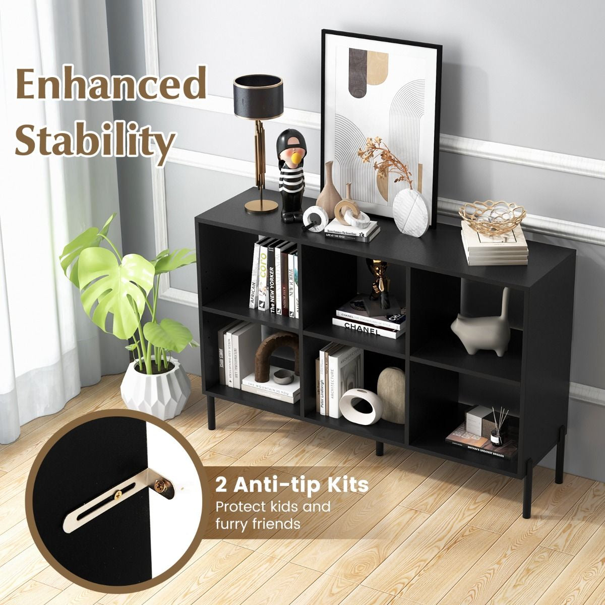6-Cube Storage Bookcase Wooden Open Bookshelf with 5 Metal Legs