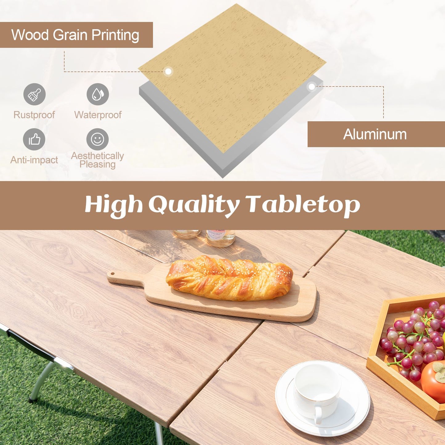 Foldable Picnic Table with Expandable Design and Wood-Grain Finish for Outdoor Activities