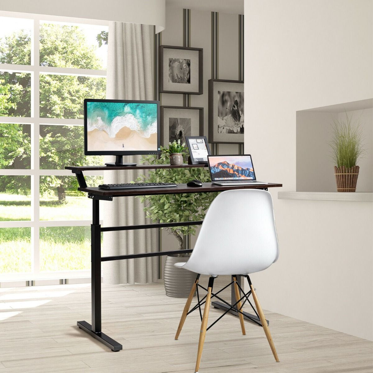 2-Tier Standing Desk with Adjustable Height and Crank Handle