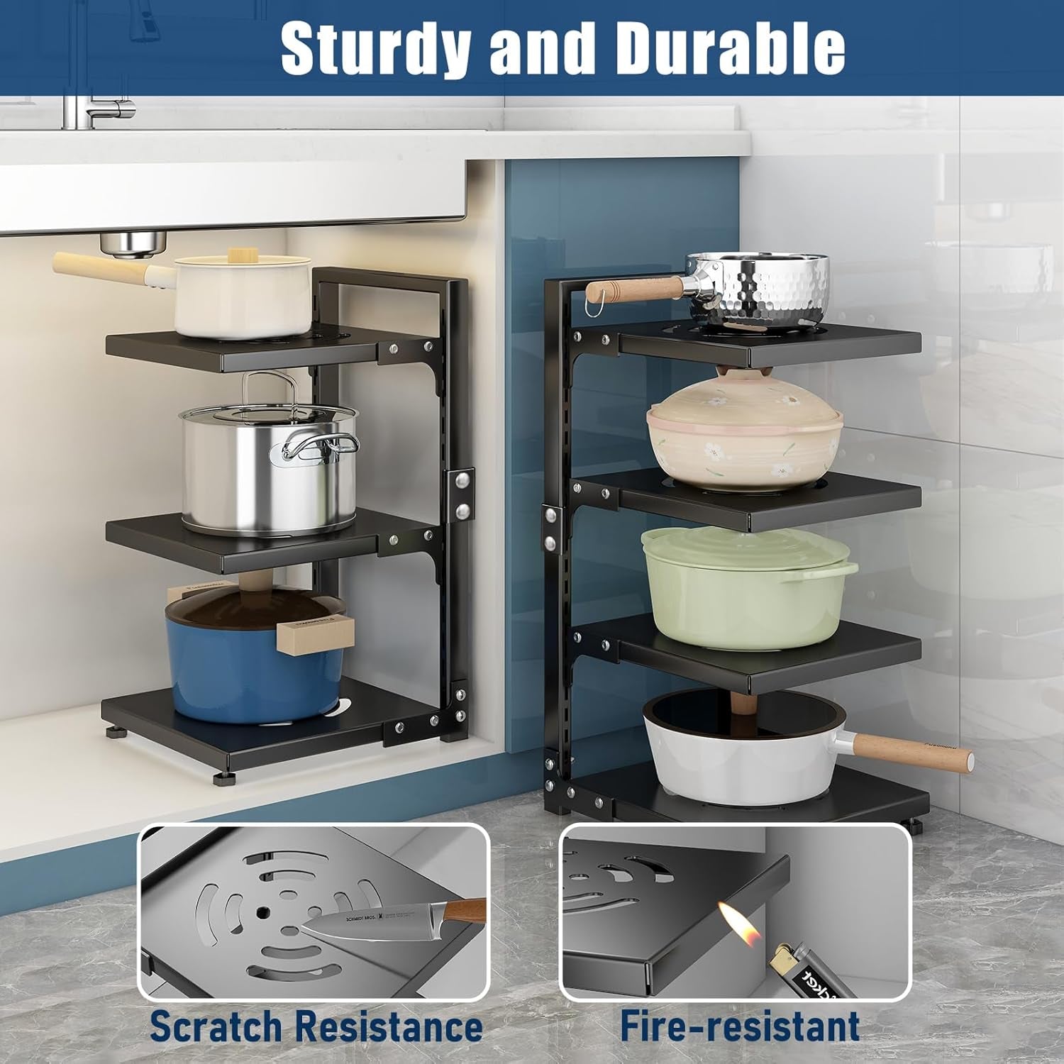 7-Tier Adjustable Heavy-Duty Pan Organizer - Versatile Pot and Pan Rack for Kitchen Counter and Cabinet Storage