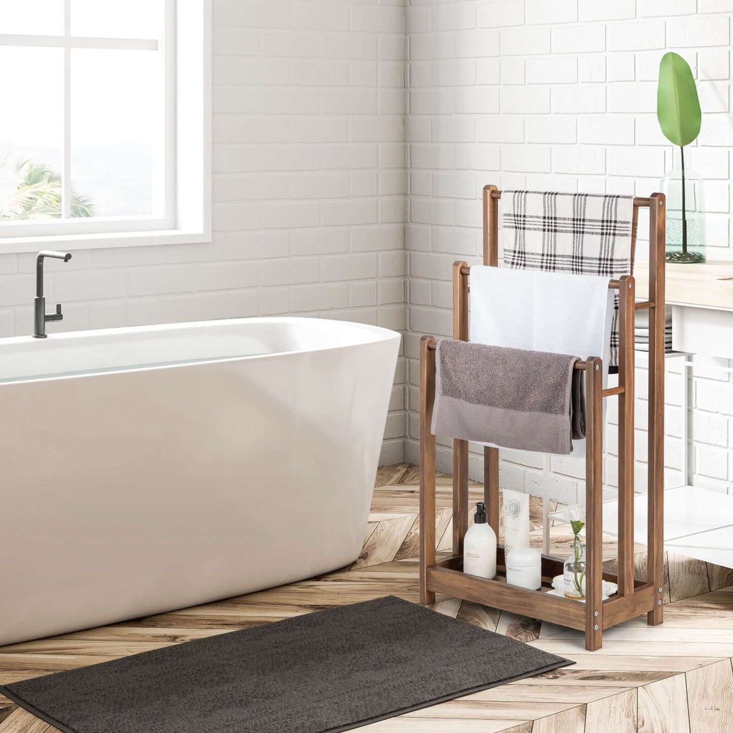 Freestanding Wood Towel Rack with 3 Individual Bars and Bottom Storage Shelf