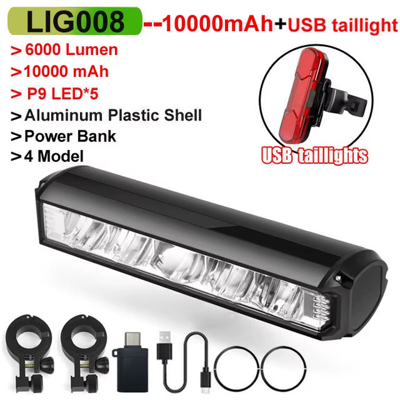 Ultra Bright 6000 Lumen Waterproof Bicycle Front Light - 10000mAh USB Rechargeable MTB & Road Cycling Accessory