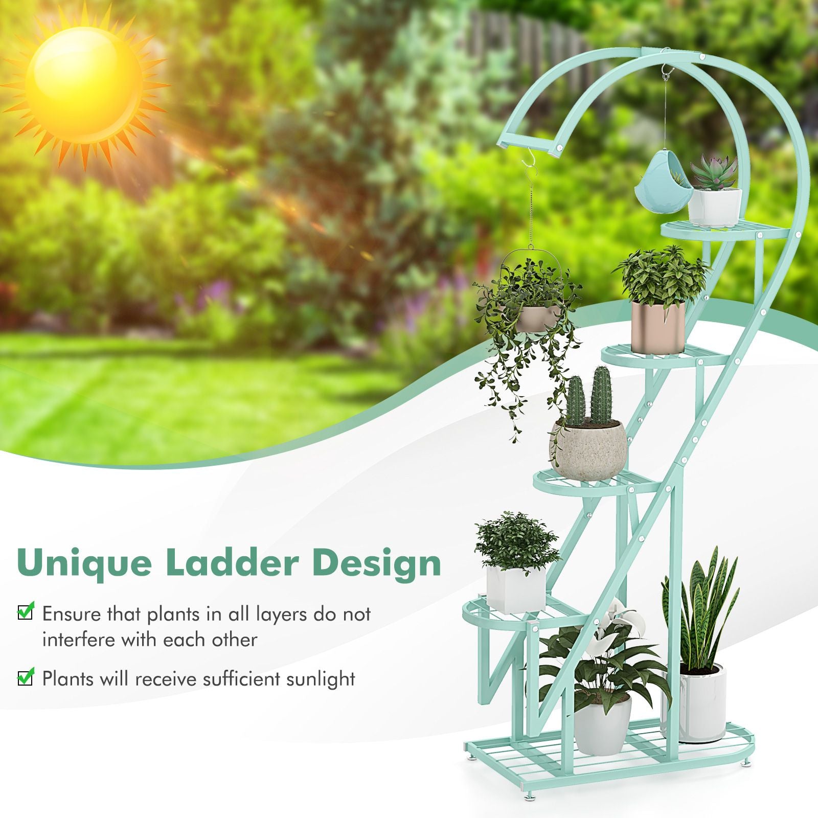 5-Tier Metal Heart-Shaped Plant Stand with Integrated Hanging Hooks