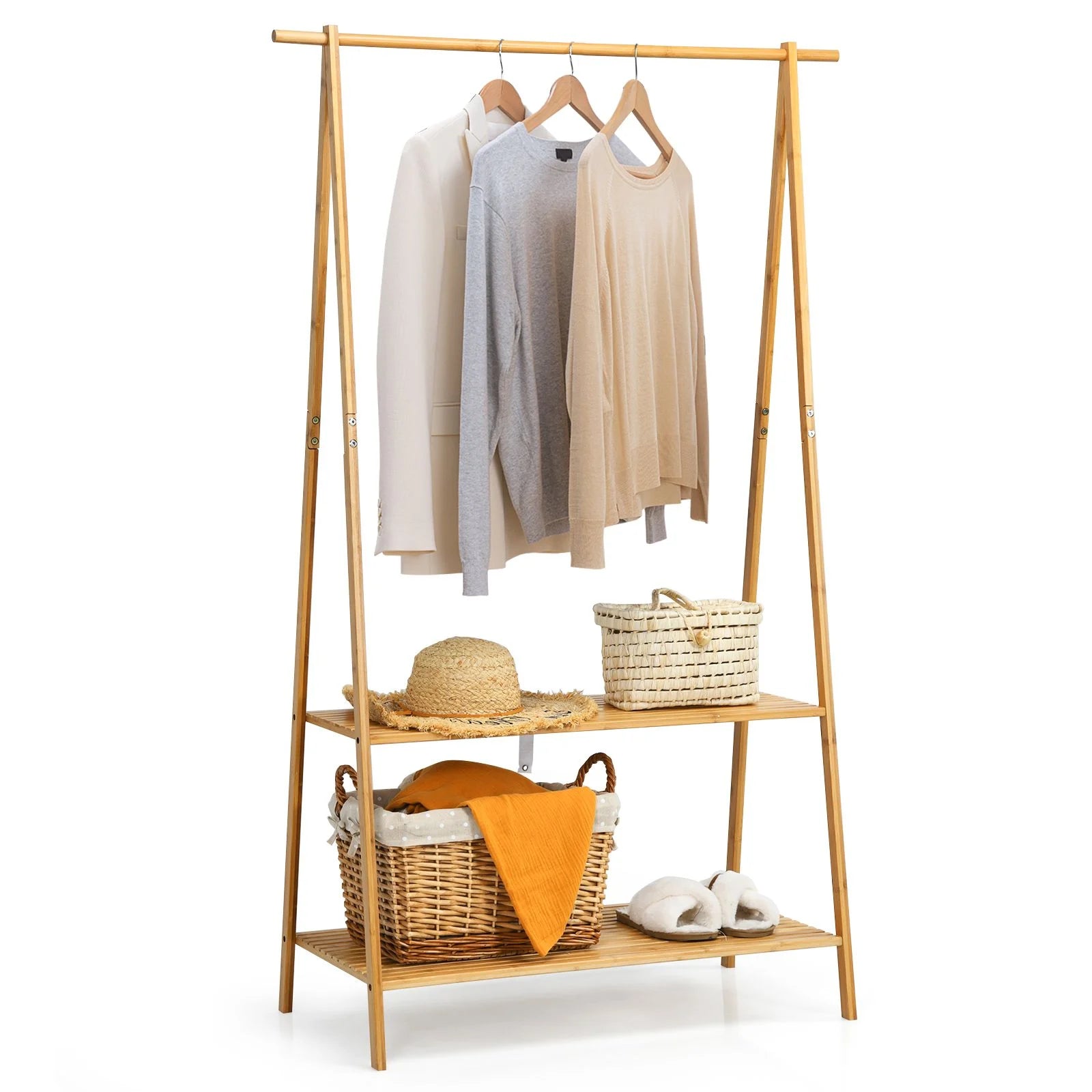 Bamboo Clothing Rack with Hanging Rod, Two Shelves, and Hooks