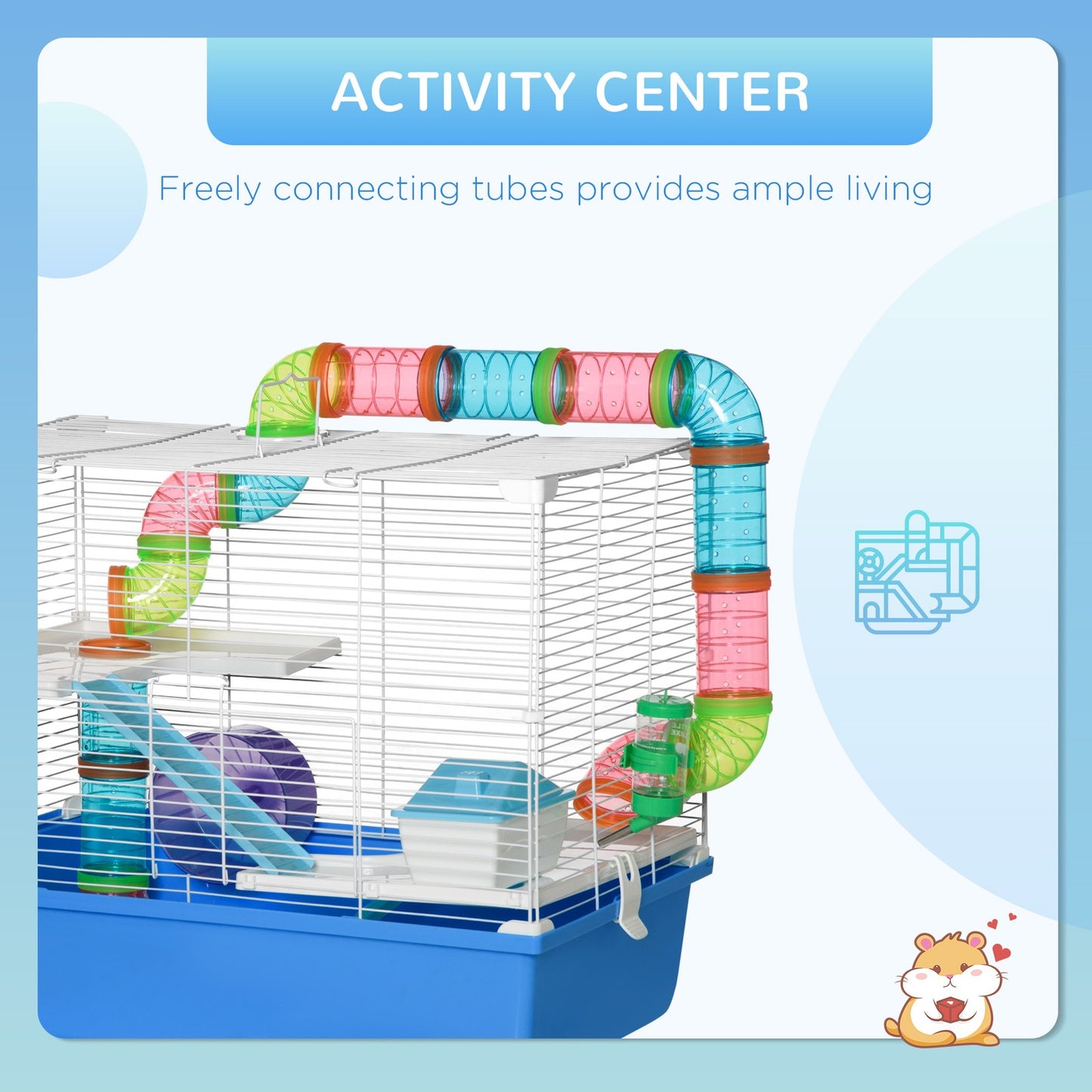 Blue Hamster Cage with Fun Tubes, Exercise Wheel, Water Bottle, and Food Dish