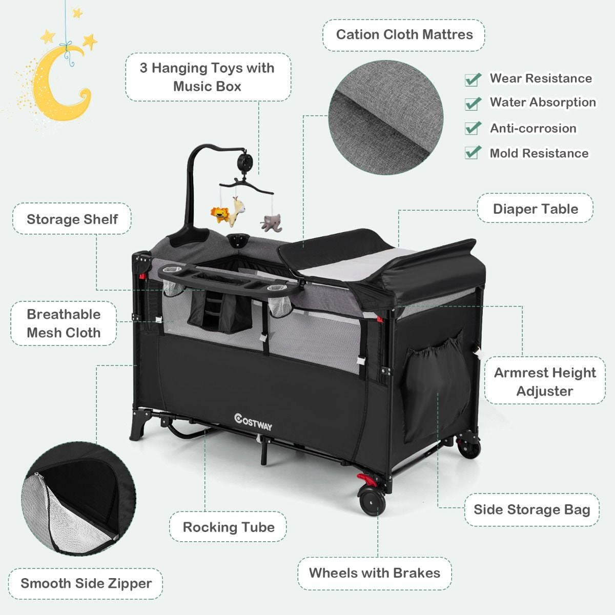 Versatile 5-in-1 Baby Bassinet & Bedside Sleeper with Nappy Changing Station and Fun Attached Toys