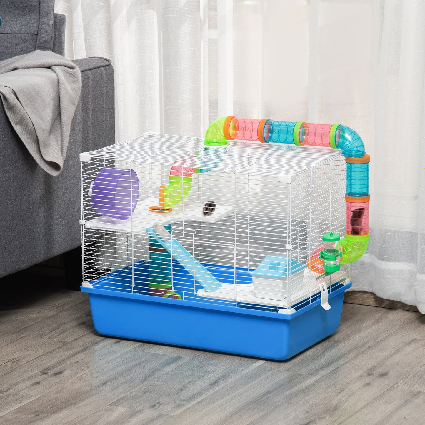 Blue Hamster Cage with Fun Tubes, Exercise Wheel, Water Bottle, and Food Dish