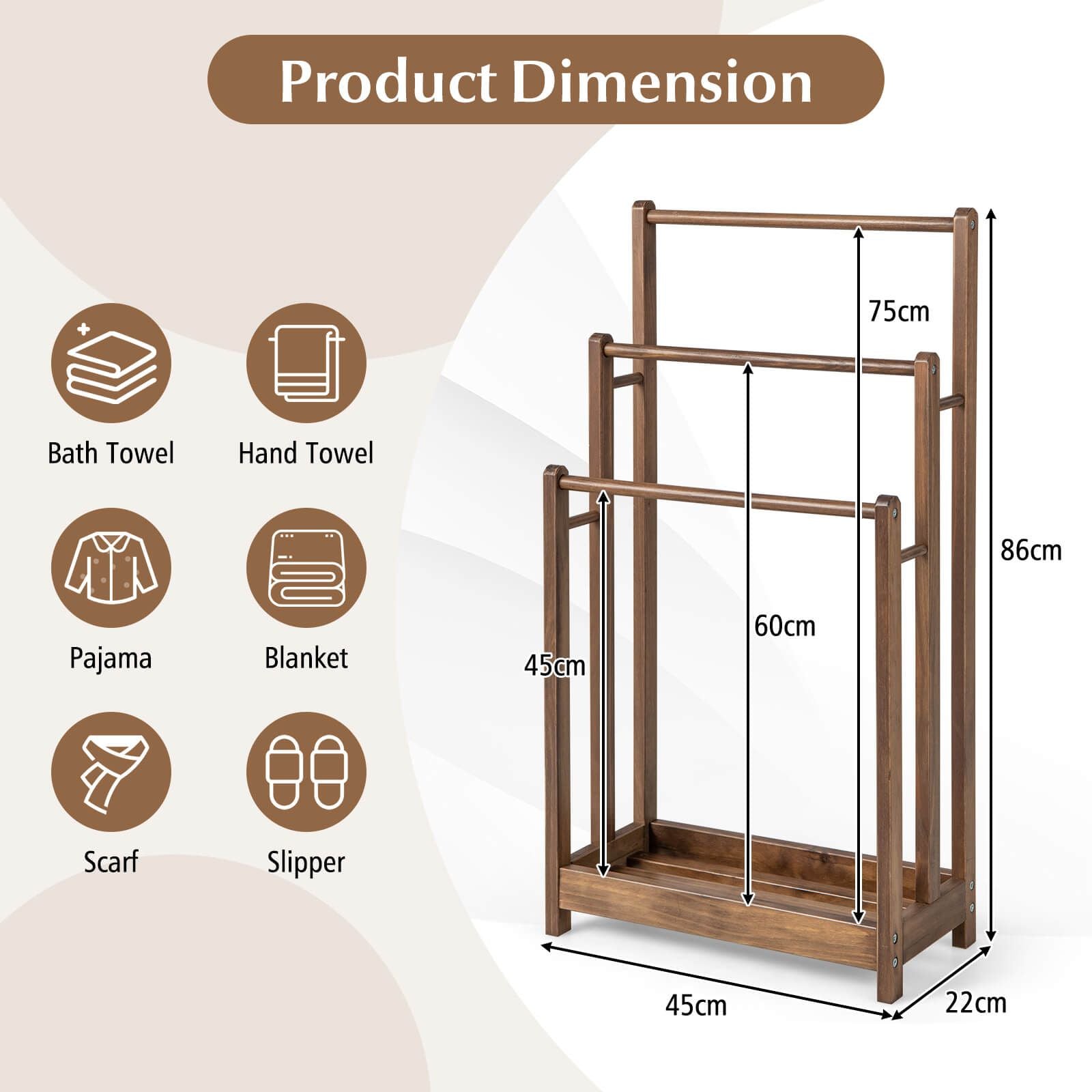 Freestanding Wood Towel Rack with 3 Individual Bars and Bottom Storage Shelf