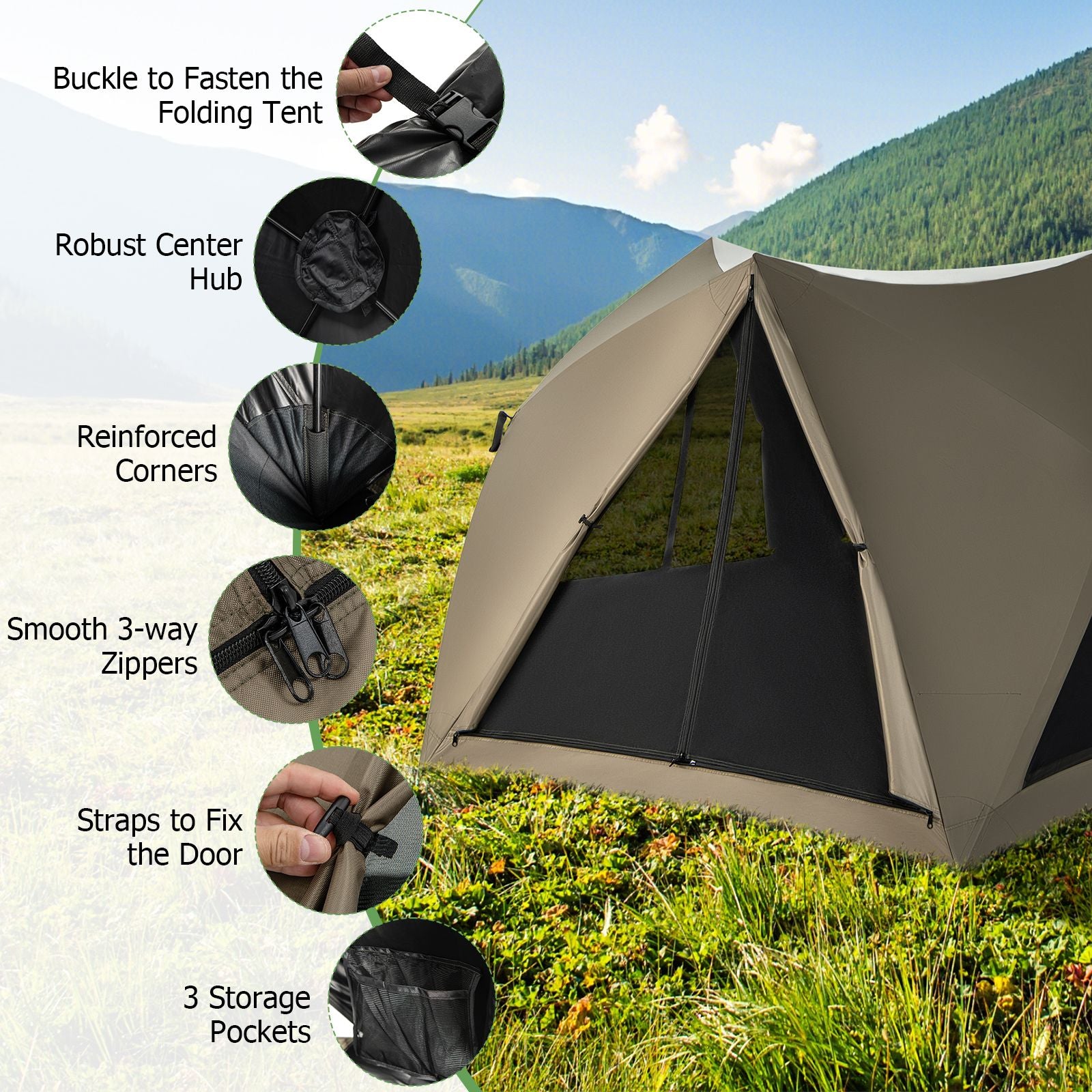 6-Sided Family Tent Featuring Rainfly, Skylight, Three Entrances, and Three Windows