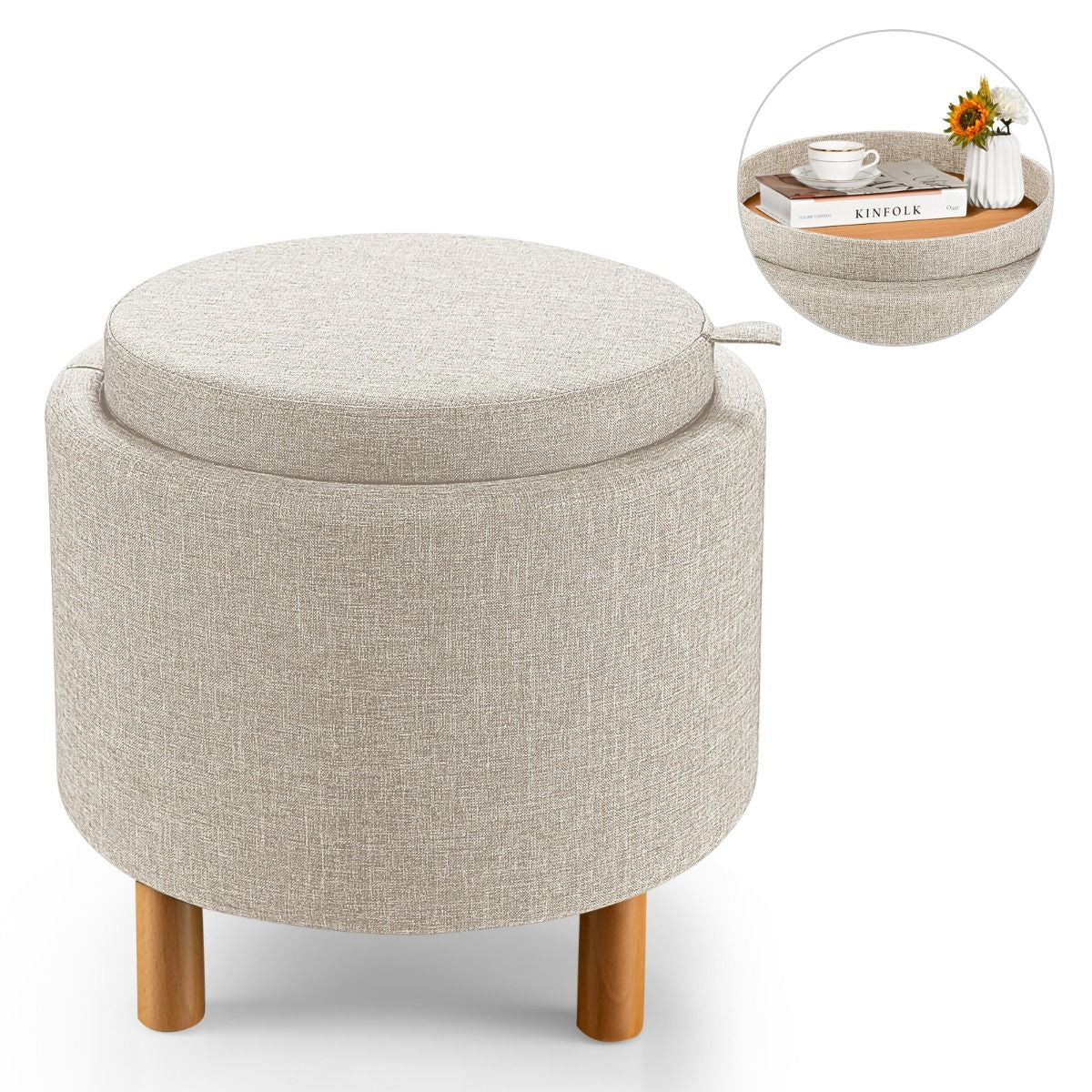 Contemporary Round Padded Ottoman with Concealed Storage Compartment