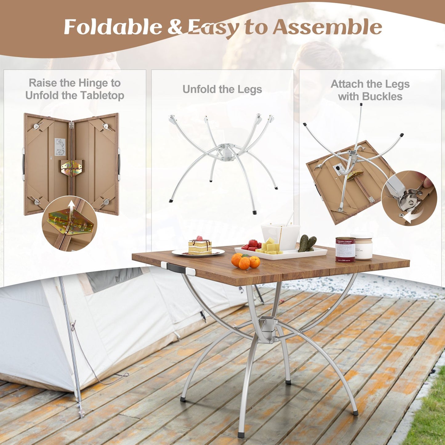 Foldable Picnic Table with Expandable Design and Wood-Grain Finish for Outdoor Activities