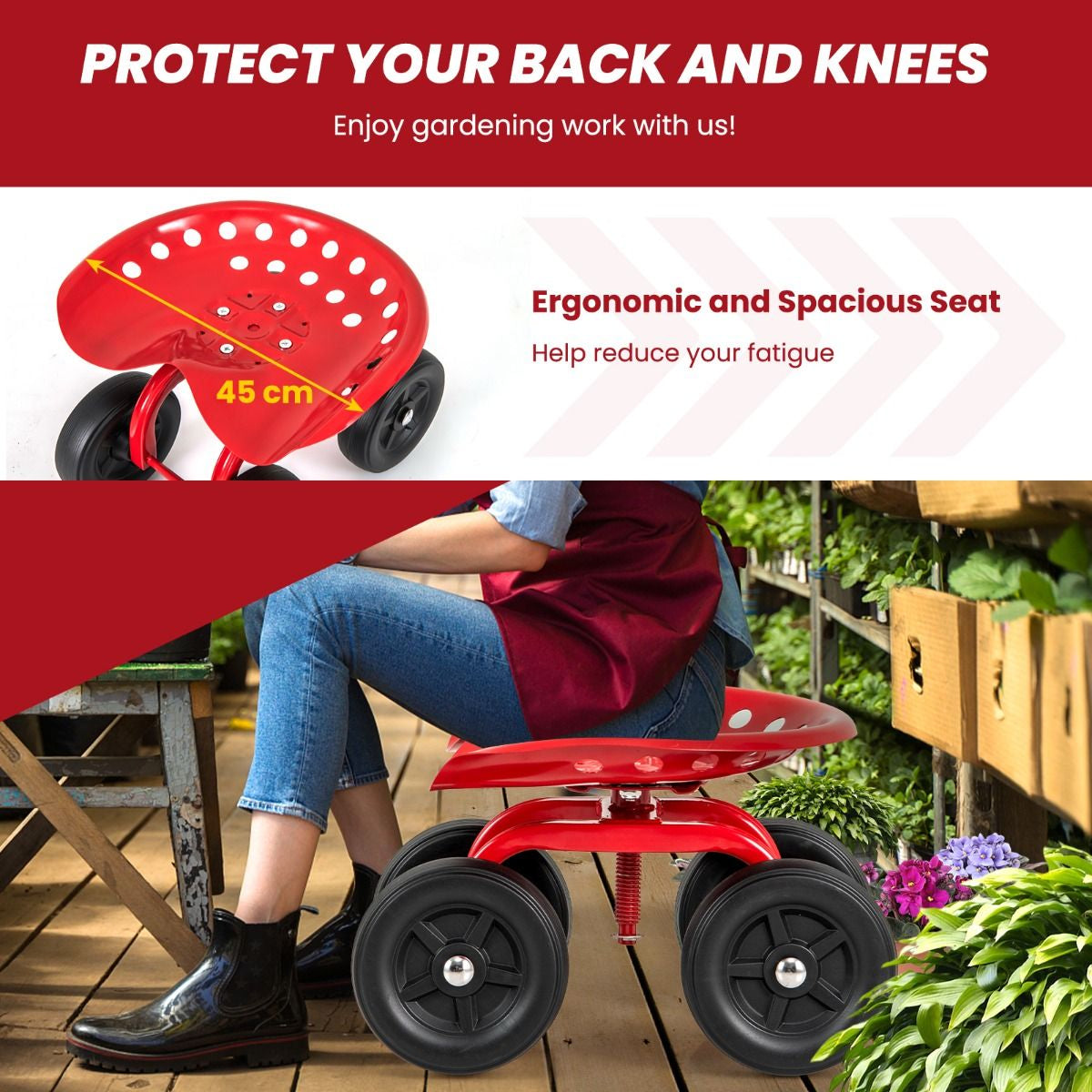 Garden Workseat with 360° Swivel Seat and Adjustable Height