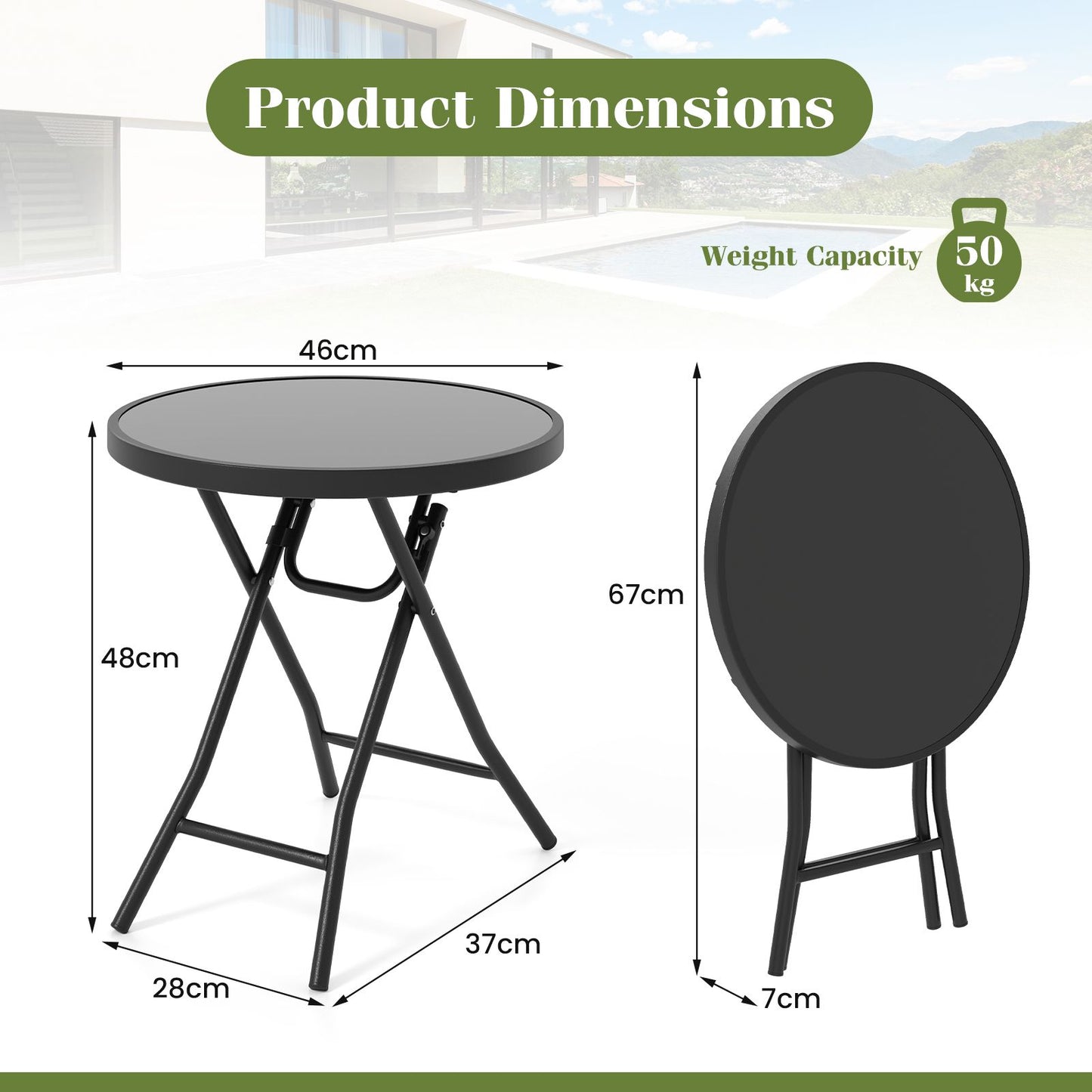 Round Folding Patio Coffee Table with Tempered Glass Top