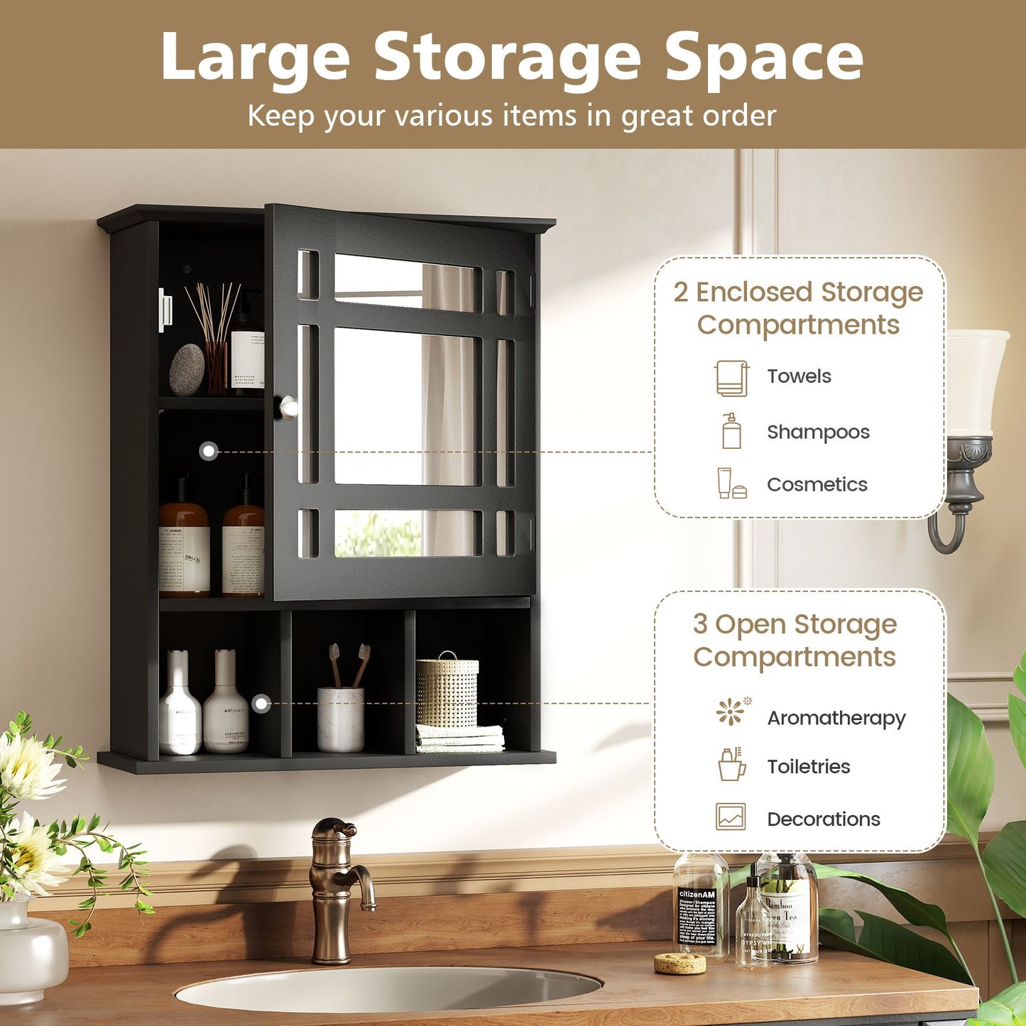 Mirror Door Bathroom Cabinet with Adjustable Shelf and 3 Compartments