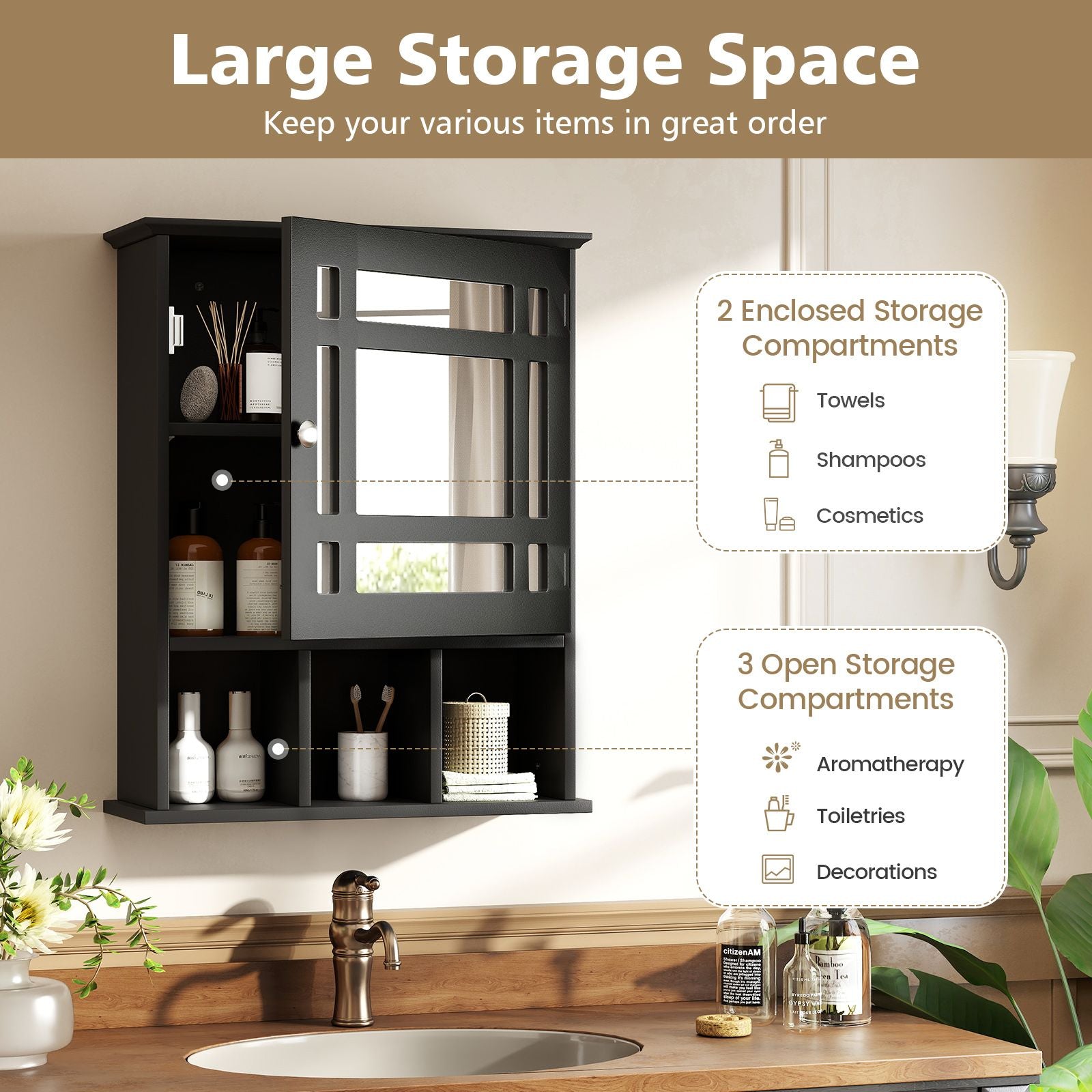 Mirror Door Bathroom Cabinet with Adjustable Shelf and 3 Compartments