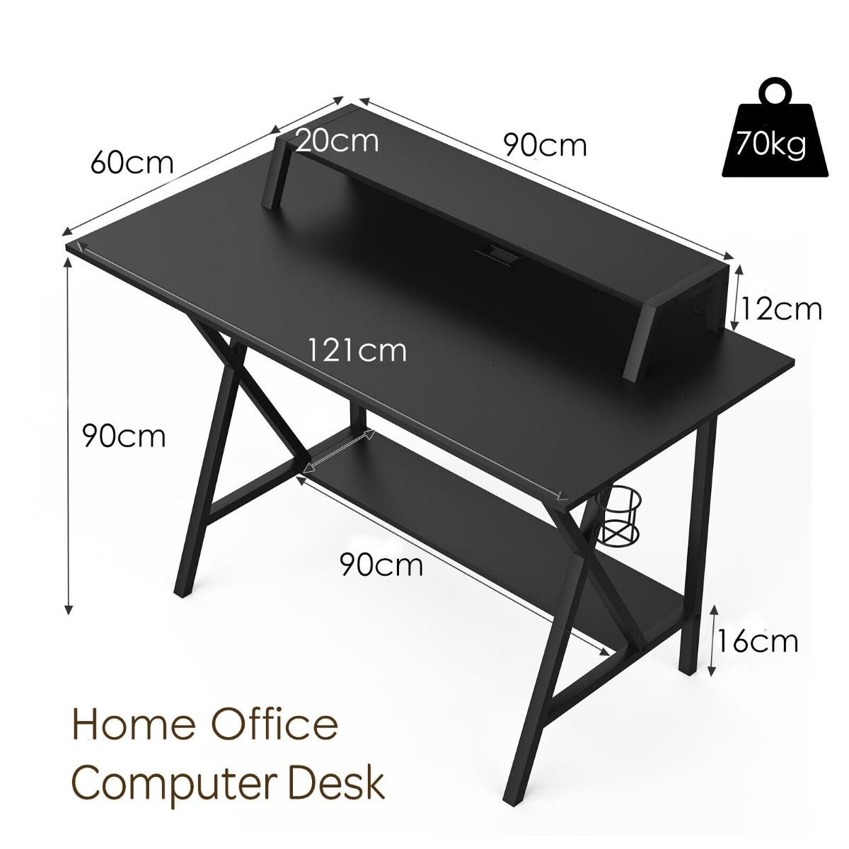 Ergonomic X-Shaped Gaming Desk with Integrated Cup Holder and Monitor Riser