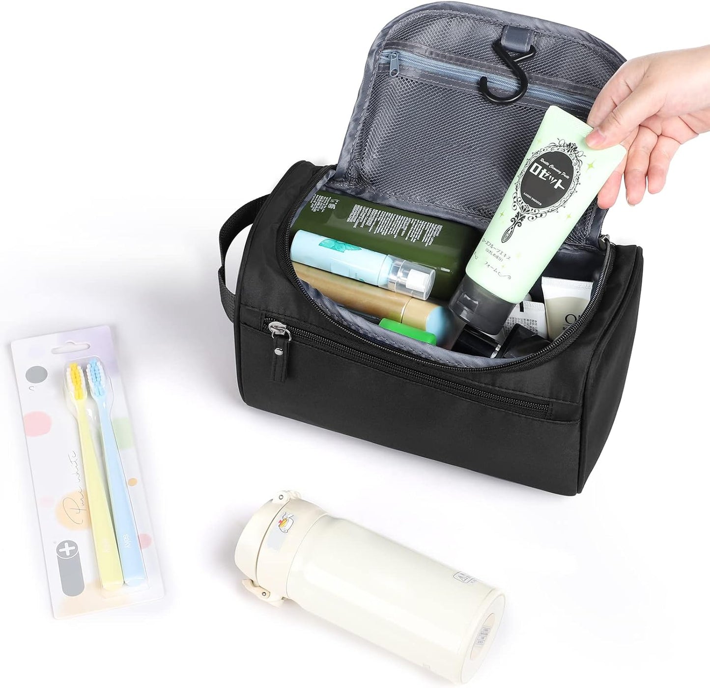 Waterproof Hanging Toiletry Bag for Travel - Unisex Makeup Organizer (Black)