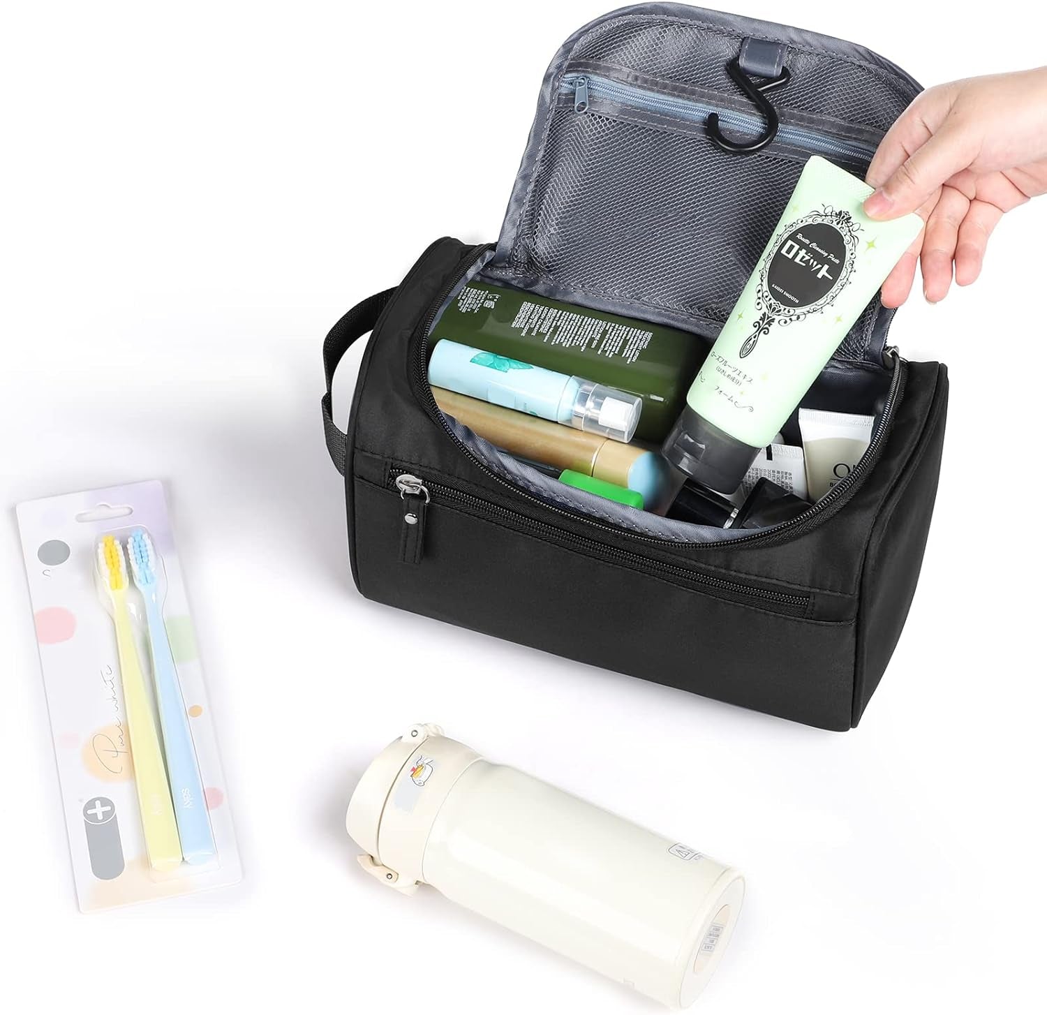 Waterproof Hanging Toiletry Bag for Travel - Unisex Makeup Organizer (Black)