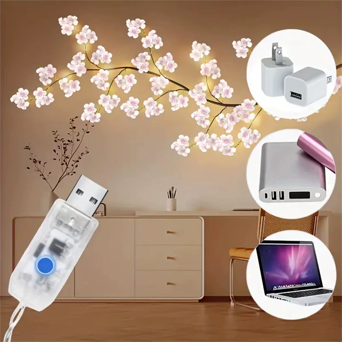 Cherry Blossom 96 Led USB Tree Branch Rattan Lights 8 Modes Colorful String Lamp Decoration