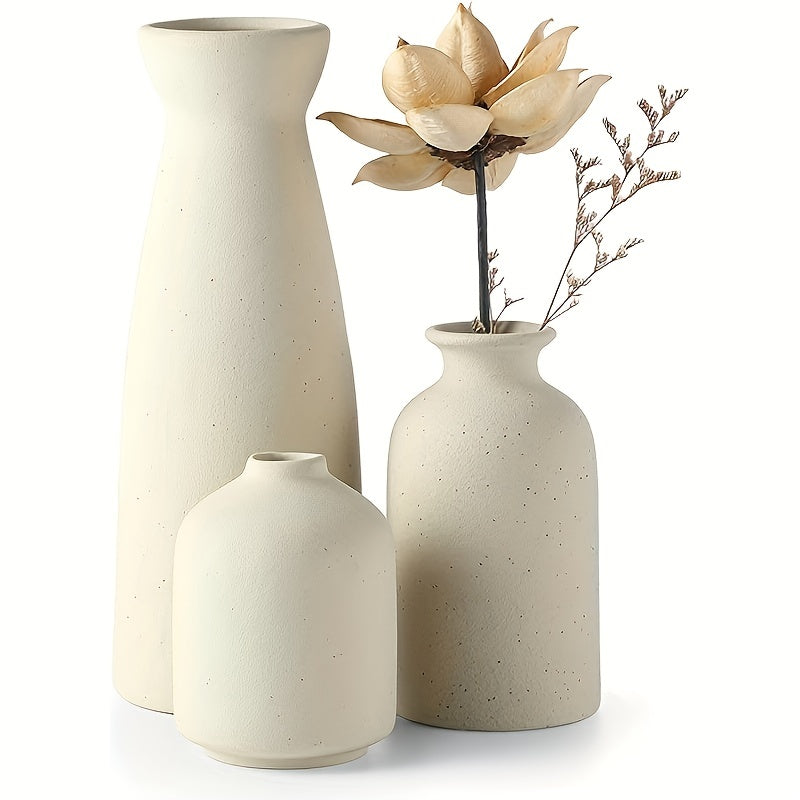 3pcs Bohemian Ceramic Vase Set - Matte Finish, Geometric & Floral Designs
