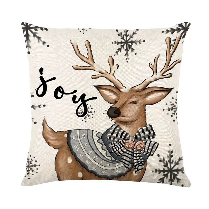 Linen Christmas Pillow Cover - Festive Snowman & Elk Design for 2024 Holiday Home Decor - Perfect Sofa & Car Cushion Cover (45x45cm)