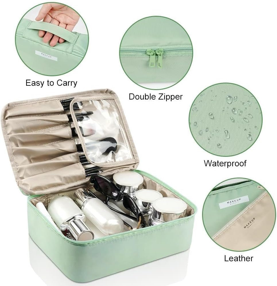Large Portable Makeup Organizer Bag for Women and Girls - Travel Cosmetic Bag (Green)
