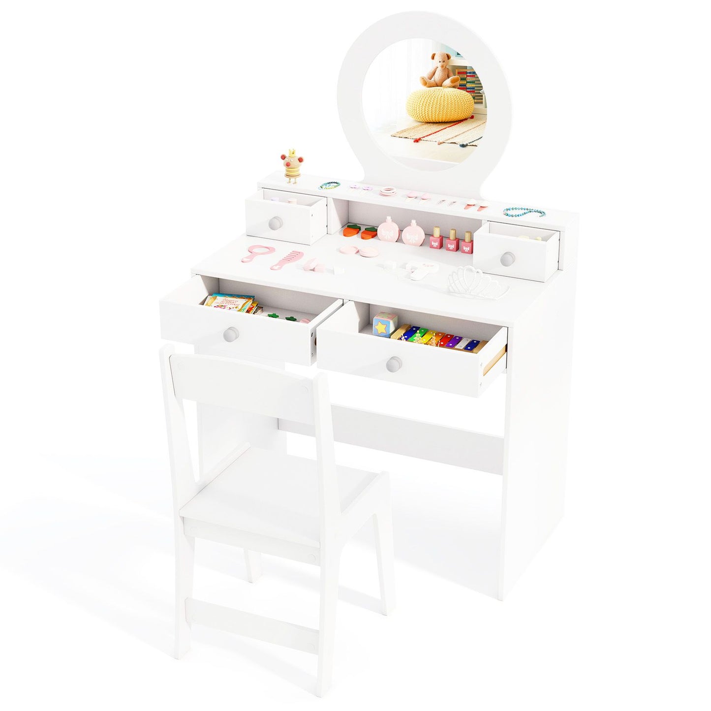 Children's Vanity Set Featuring Open Shelf and Four Storage Drawers