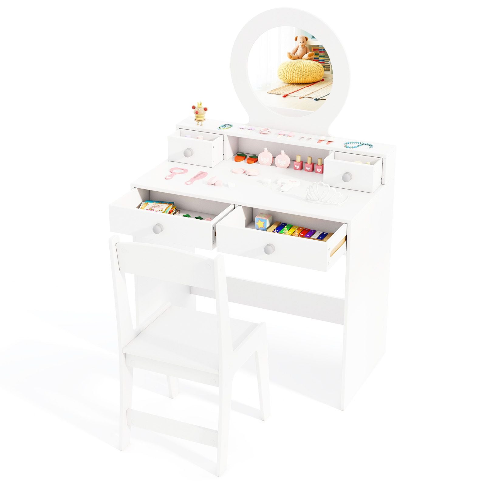 Children's Vanity Set Featuring Open Shelf and Four Storage Drawers