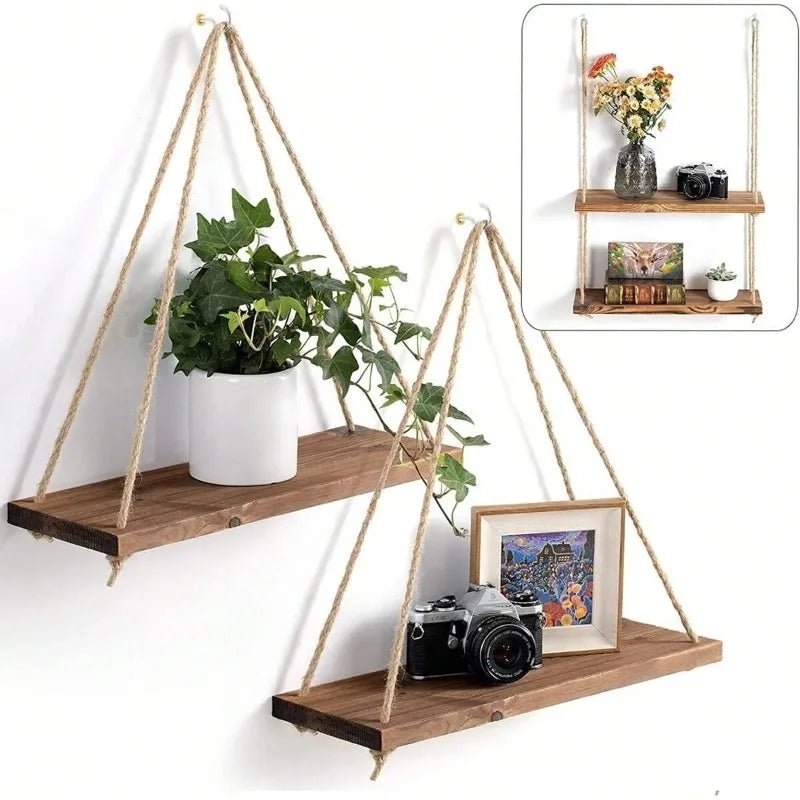 Stylish Wooden Swing Wall Shelf with Hemp Rope - Perfect for Plants, Flowers, and Home Decor