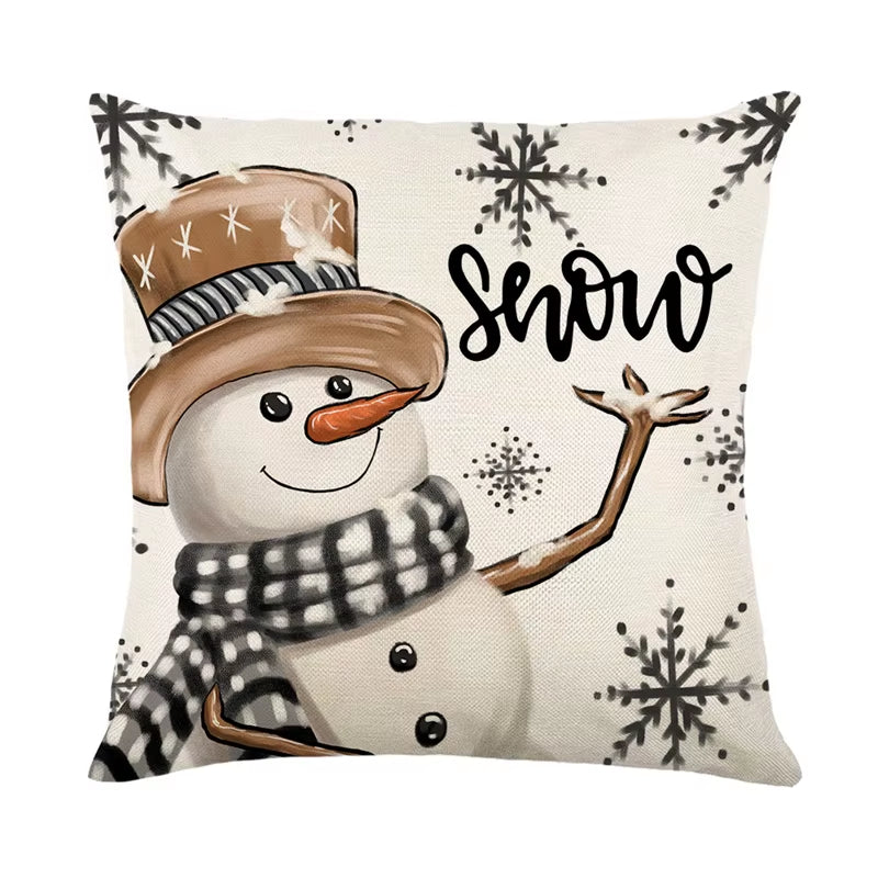 Linen Christmas Pillow Cover - Festive Snowman & Elk Design for 2024 Holiday Home Decor - Perfect Sofa & Car Cushion Cover (45x45cm)