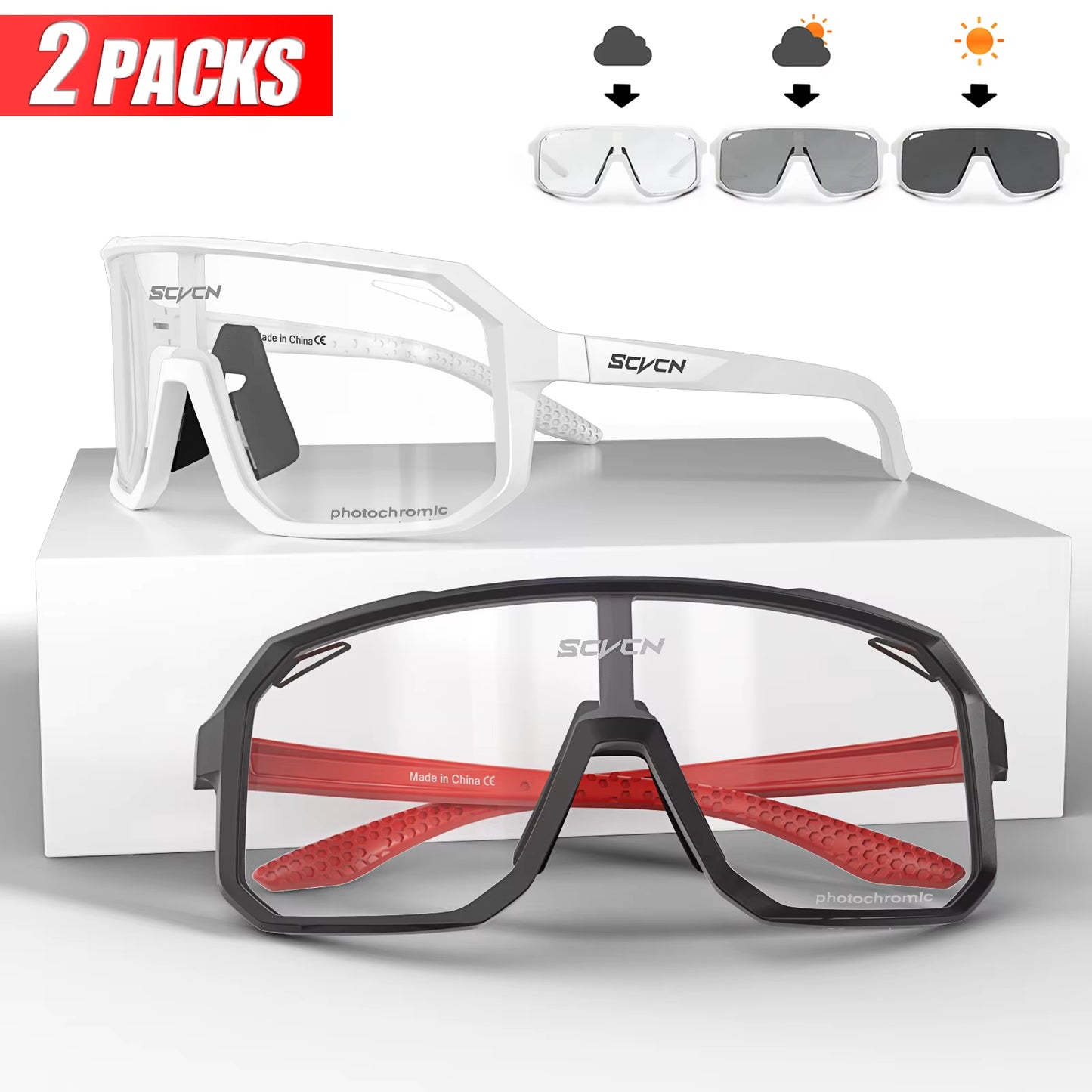 2 Packs Photochromic Riding Cycling Sunglasses Mtb Cycling Glasses Goggles Bicycle Mountain Bike Men'S Women Sport Eyewear