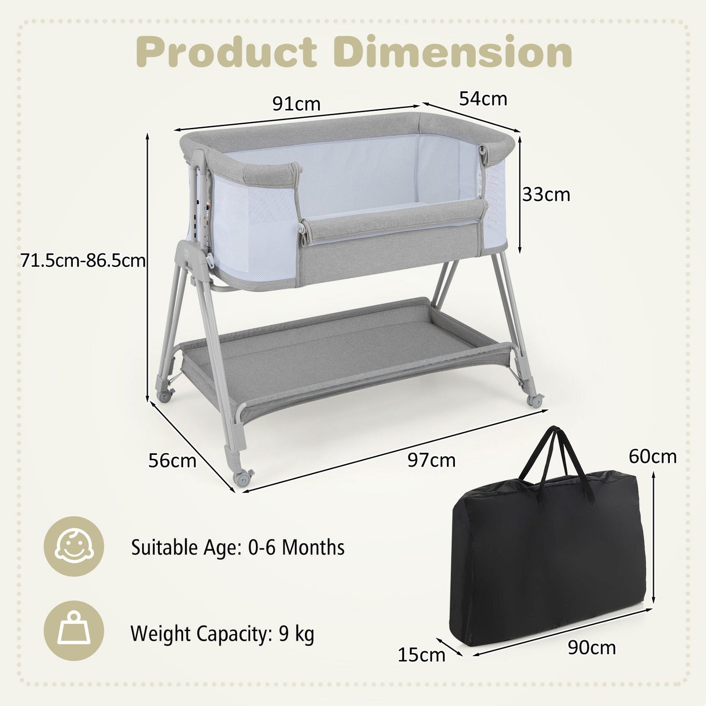 Infant Bedside Crib with Mattress for Newborns up to 9kg