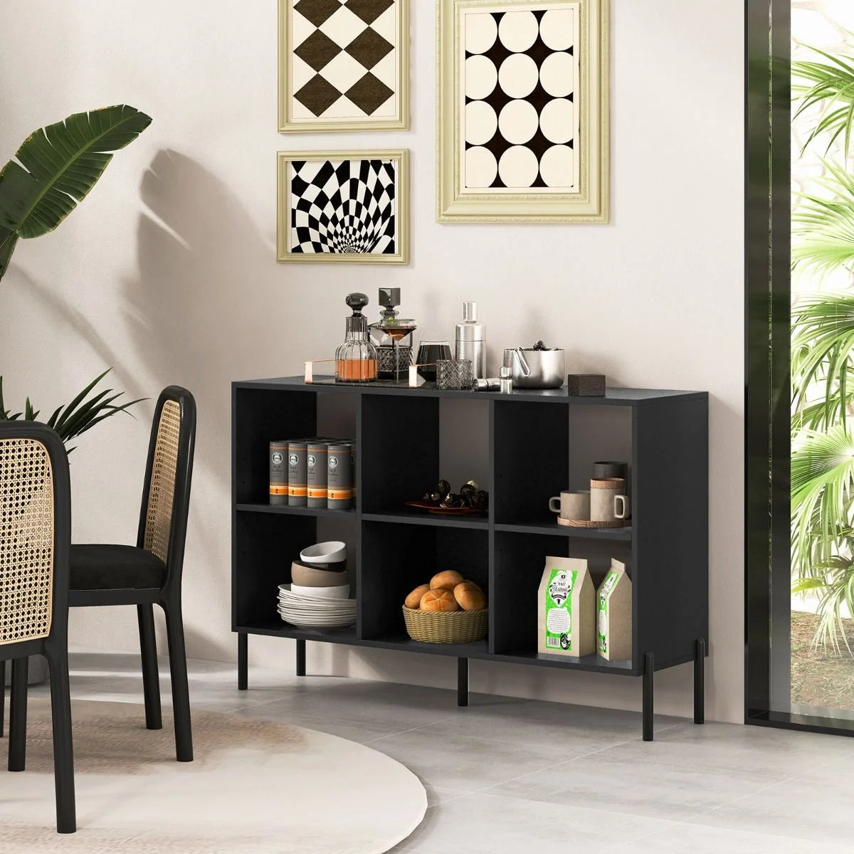 6-Cube Storage Bookcase Wooden Open Bookshelf with 5 Metal Legs