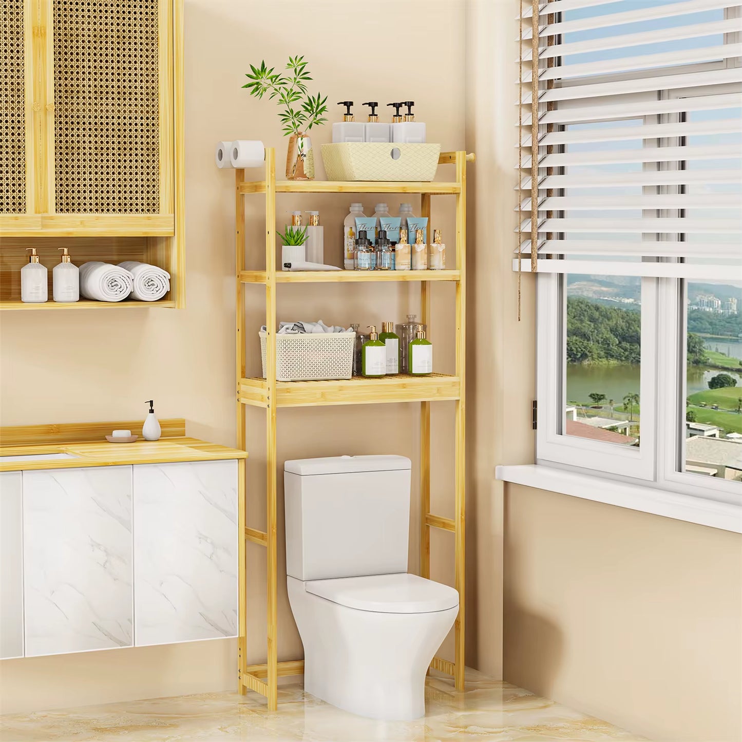 Over the Toilet Shelf Bathroom Bamboo Organizer over the Toilet Space-Saver 3-Tier Storage Shelf Cabinet