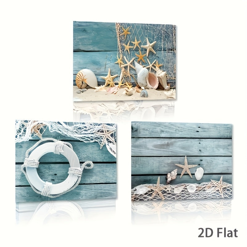 3pcs Starfish shell turquoise board canvas printing, beach nature picture canvas artwork
