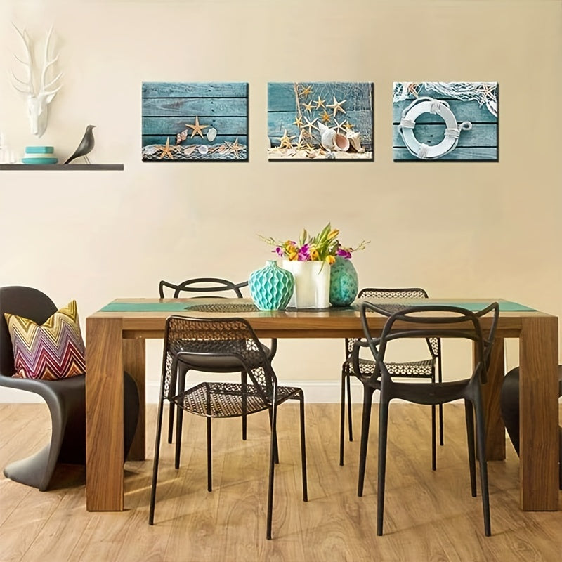 3pcs Starfish shell turquoise board canvas printing, beach nature picture canvas artwork
