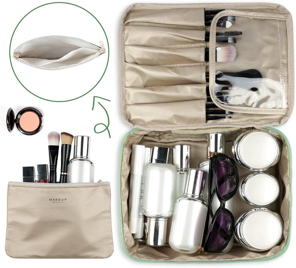 Large Portable Makeup Organizer Bag for Women and Girls - Travel Cosmetic Bag (Green)
