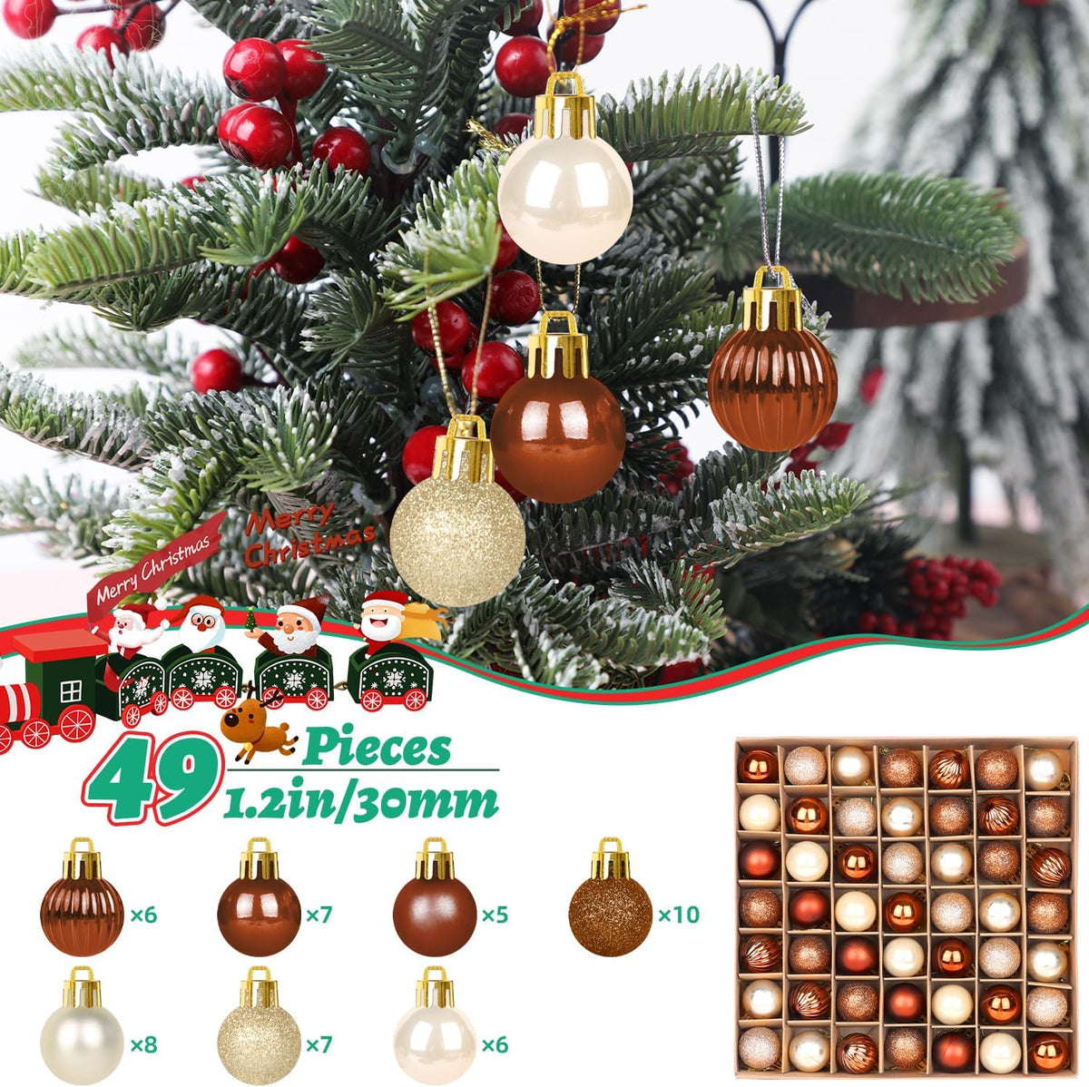 Mini Christmas Baubles Set, 49 Pieces 3cm Glittering Copper and Silver Ornaments for Holiday Tree Decoration