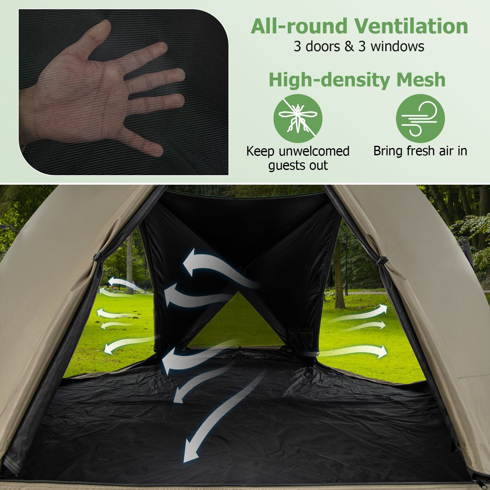 6-Sided Family Tent Featuring Rainfly, Skylight, Three Entrances, and Three Windows