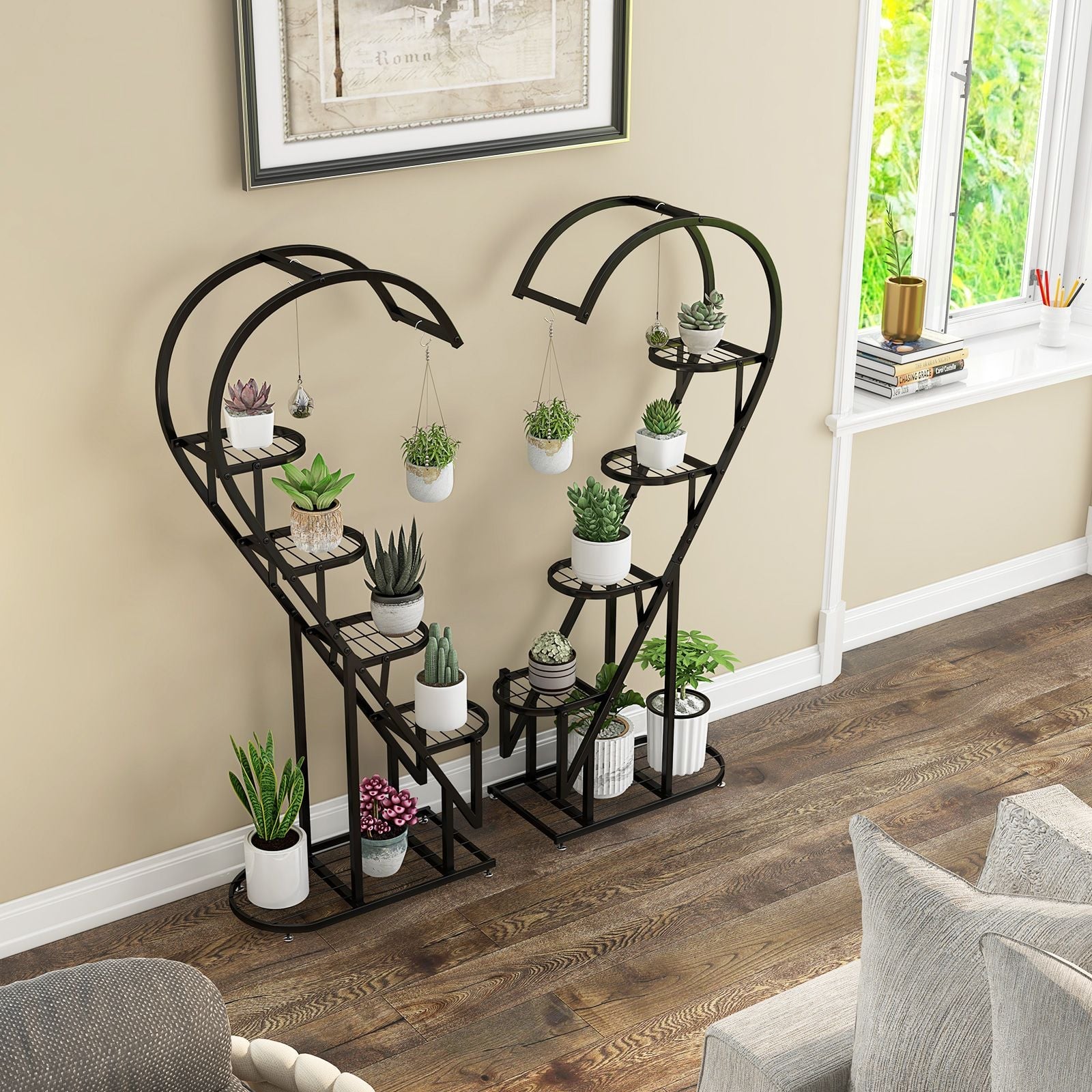 5-Tier Metal Heart-Shaped Plant Stand with Integrated Hanging Hooks