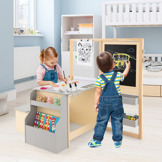 Delightful Children's Art Easel Table and Bench Set with Adjustable Easel and Integrated Bookshelf for Creative Play